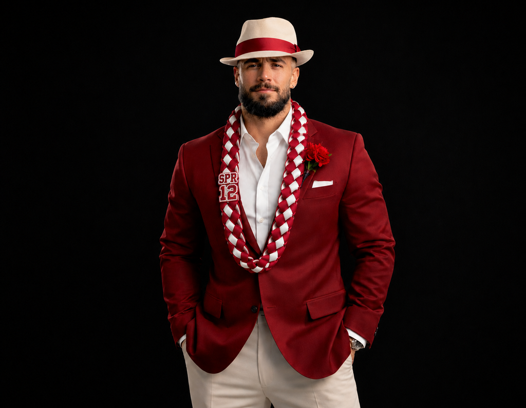Man wearing a crimson blazer with cream accents, cream pants, and a crimson and cream hat wearing a crimson and cream personalized ribbon Lei