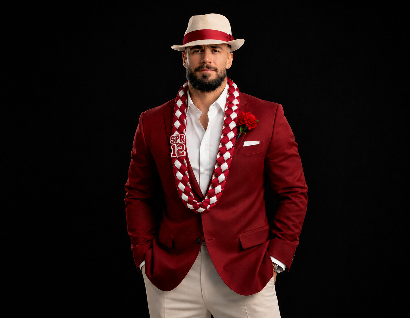 Man wearing a crimson blazer with cream accents, cream pants, and a crimson and cream hat wearing a crimson and cream personalized ribbon Lei