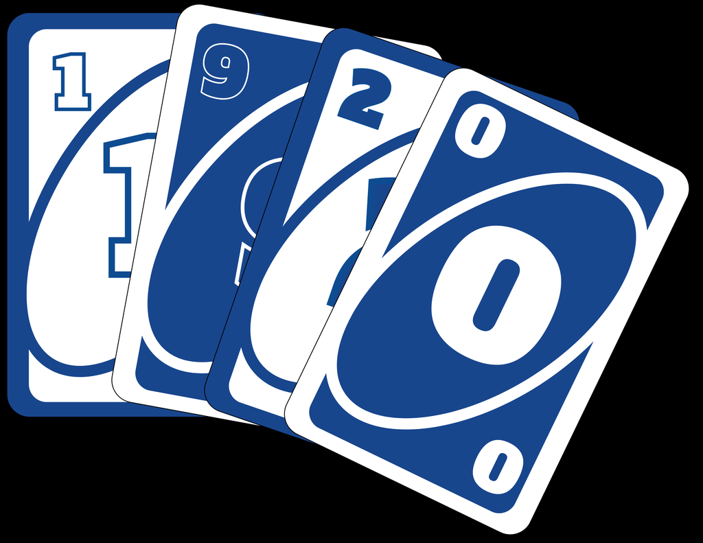 Custom Playing Card mockup of four blue playing cards with white numbers on a black background