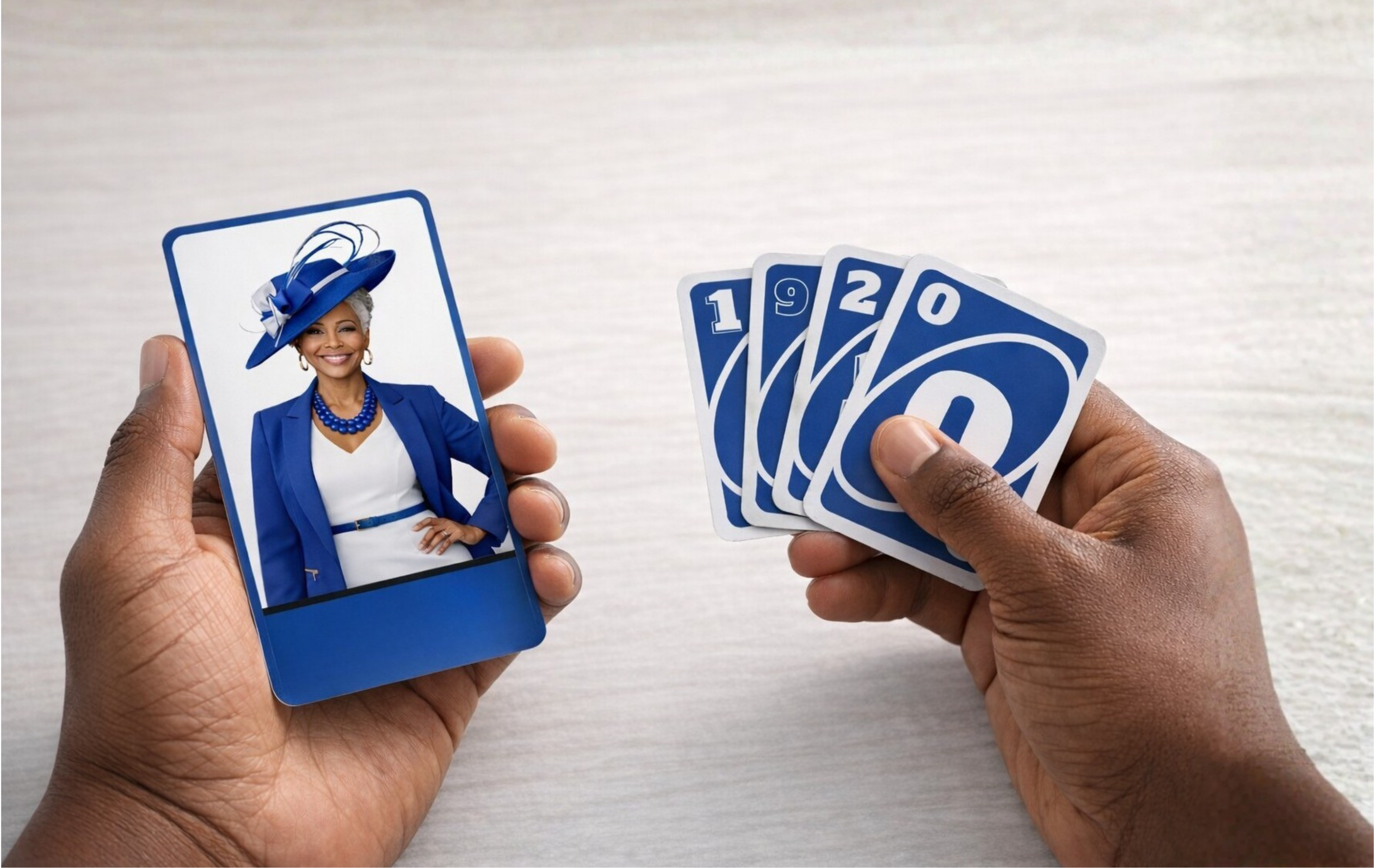 Person holding a card with a portrait and playing cards with numbers on a light background