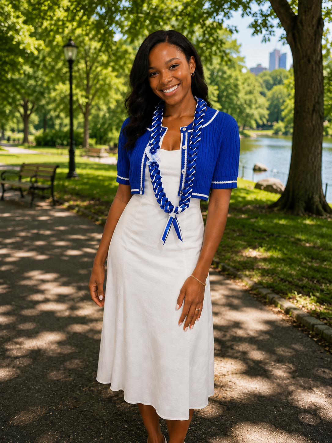 Woman in a blue cardigan and white dress standing in a park with trees and water in the background wearing custom a blue and white 3 strand ribbon lei with a white dove