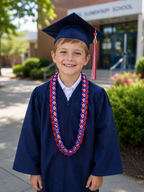 Young boy in a graduation cap and gown with a red white and blue 3 strand ribbon lei, standing outside an elementary school.