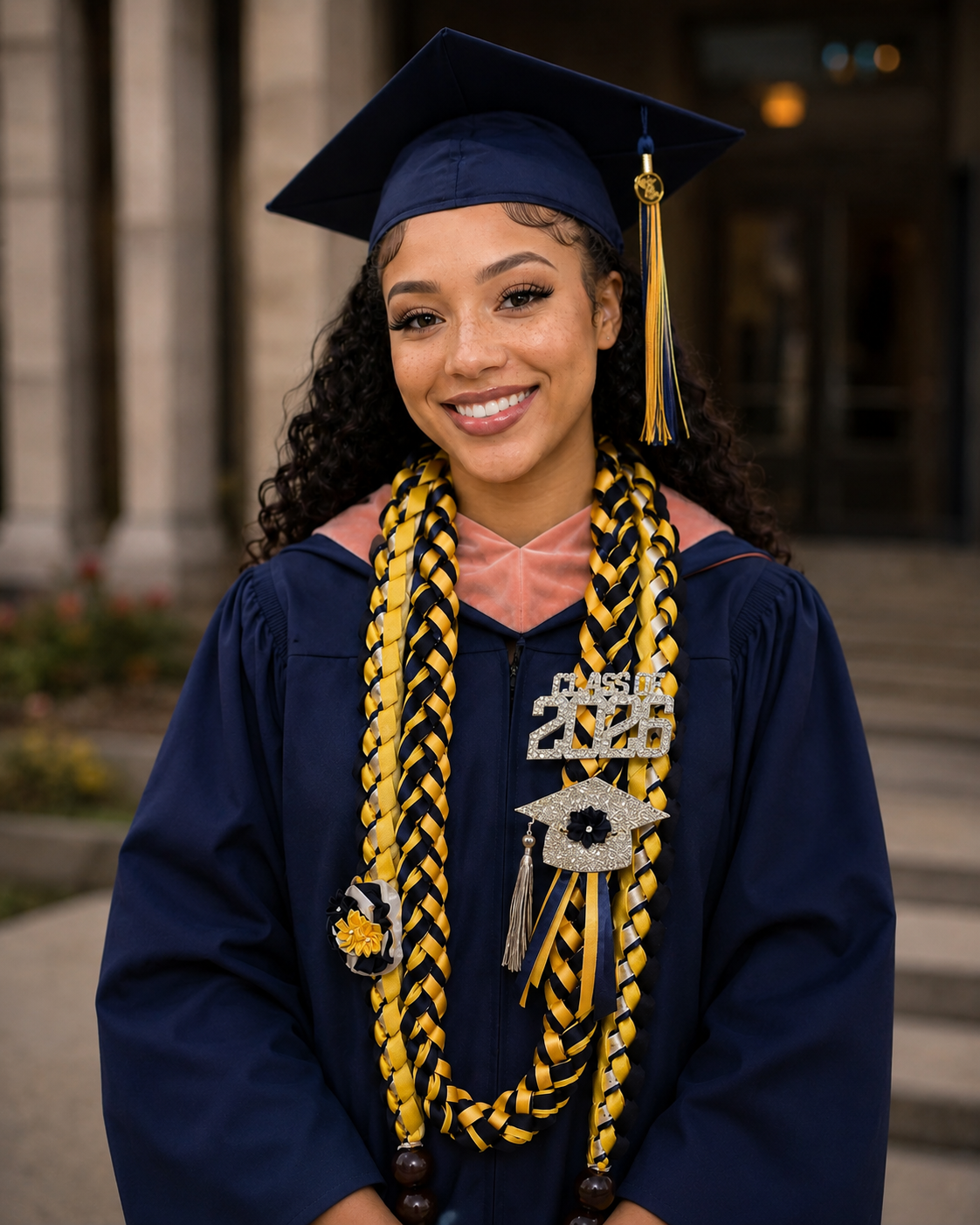 Graduate in cap and gown with double decorative custom ribbon Leis and personalized with 'Class of ' pin, standing outdoors.