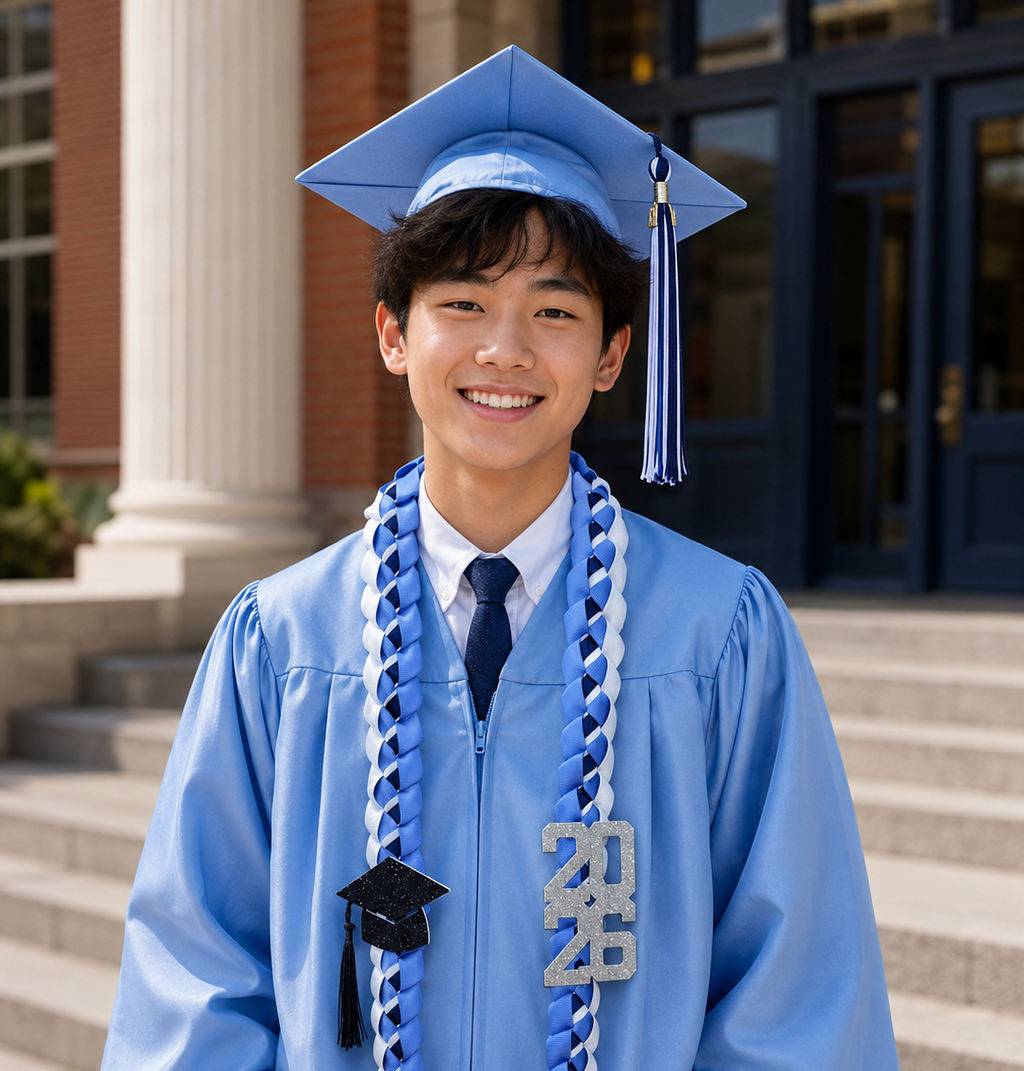 Graduate in blue cap and gown standing outdoors with a building in the background with a blue and white personalized ribbon lei