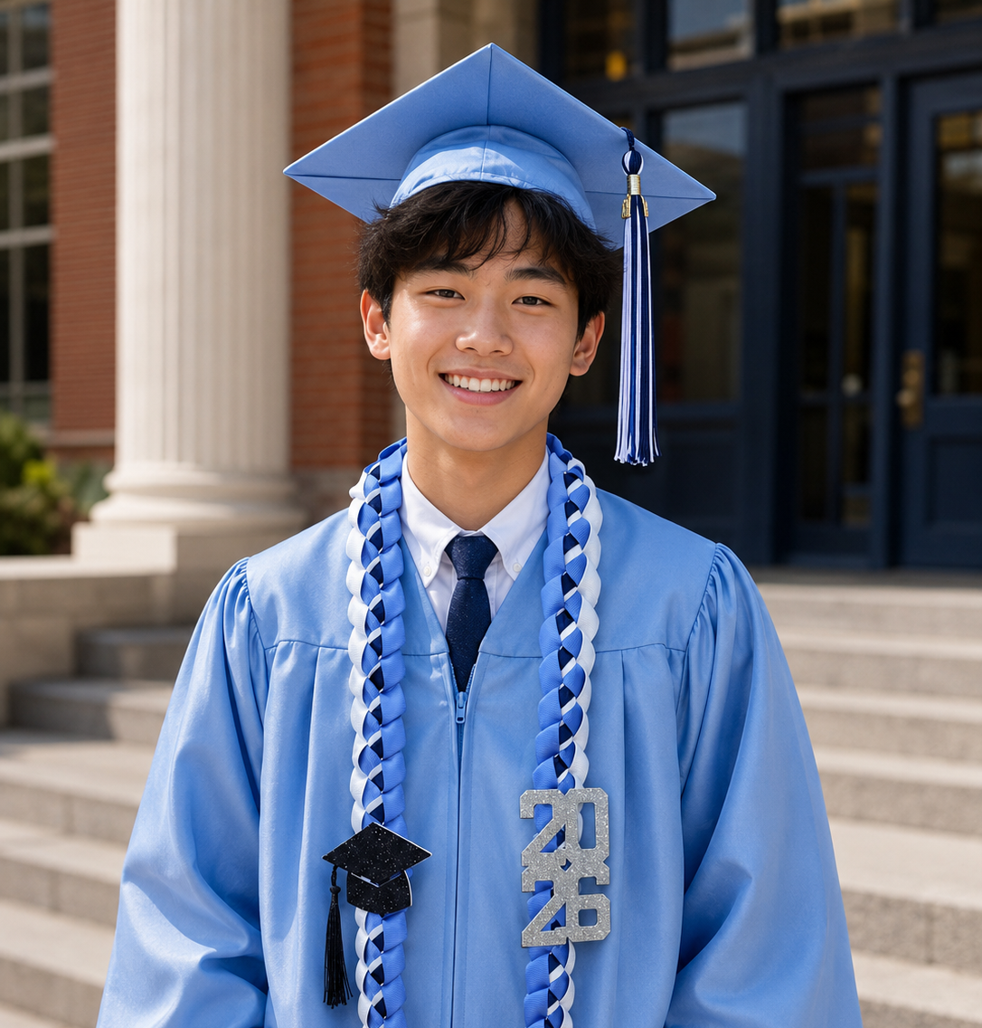 Graduate in blue cap and gown standing outdoors with a building in the background with a blue and white personalized ribbon lei
