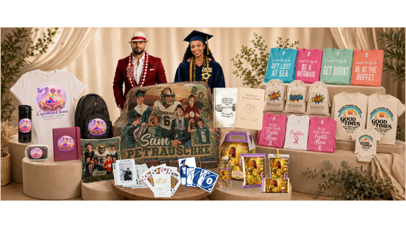 Display of merchandise including t-shirts, posters, and decorative items on a table with a white background.