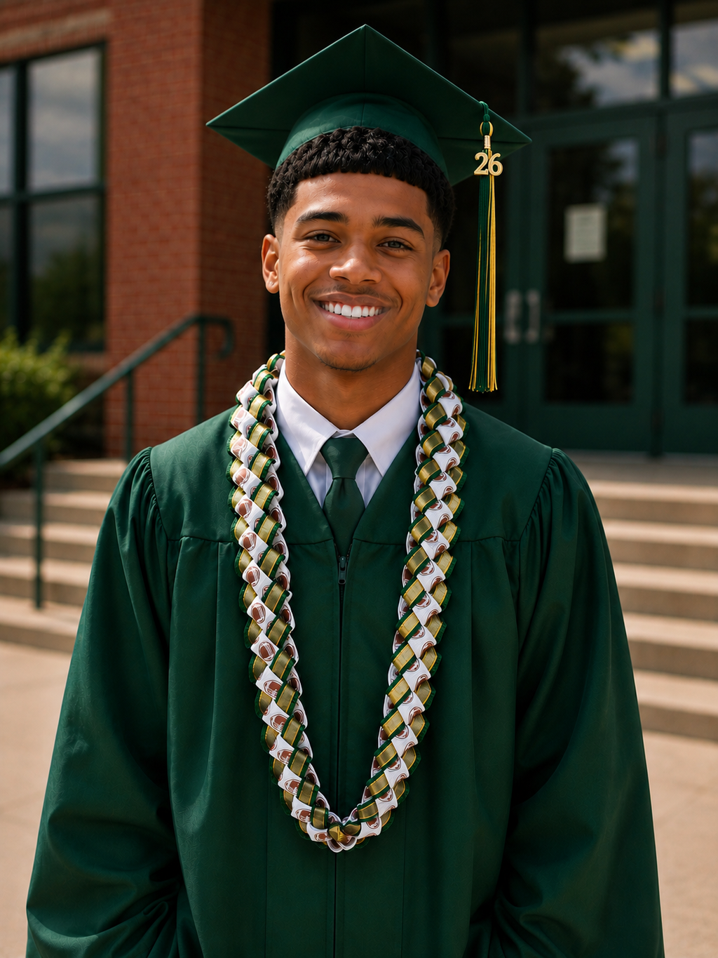Graduate in green cap and gown with a 3 strand custom ribbon lei, standing outdoors.