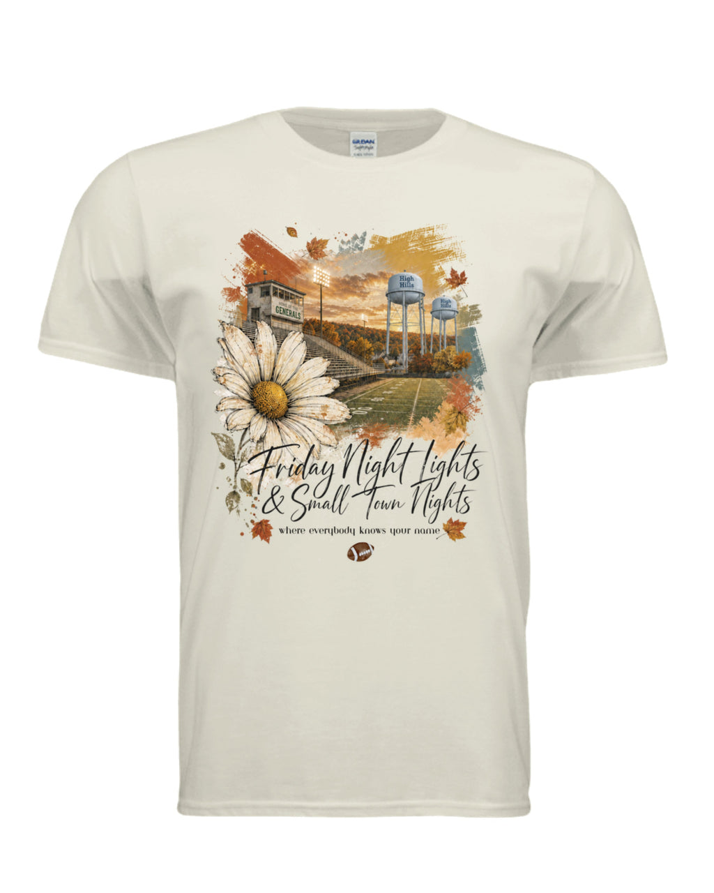 Ivory TSA Generals Friday Night Lights T-shirt with football field, water towers,  and fall design
