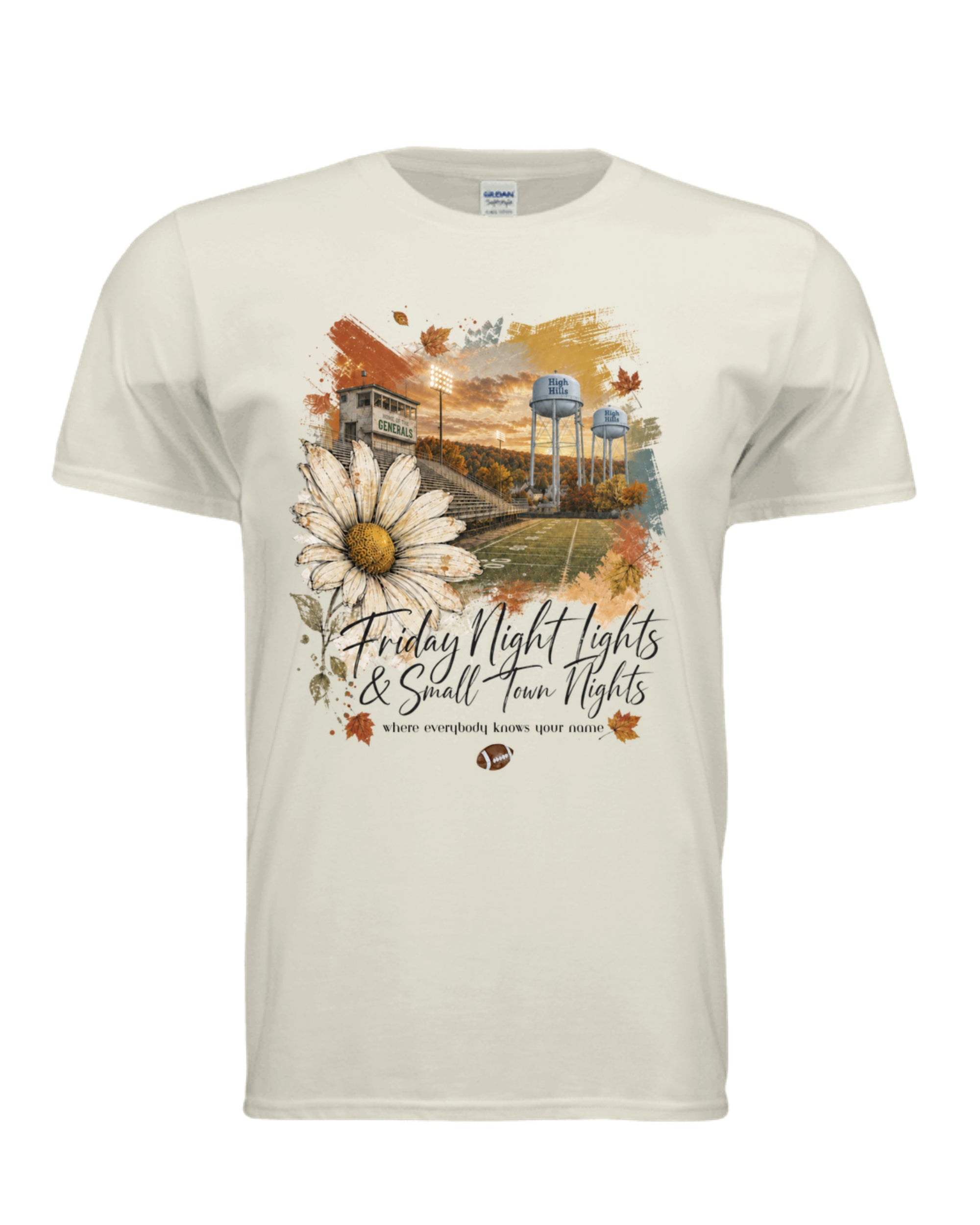 Ivory TSA Generals Friday Night Lights T-shirt with football field, water towers,  and fall design