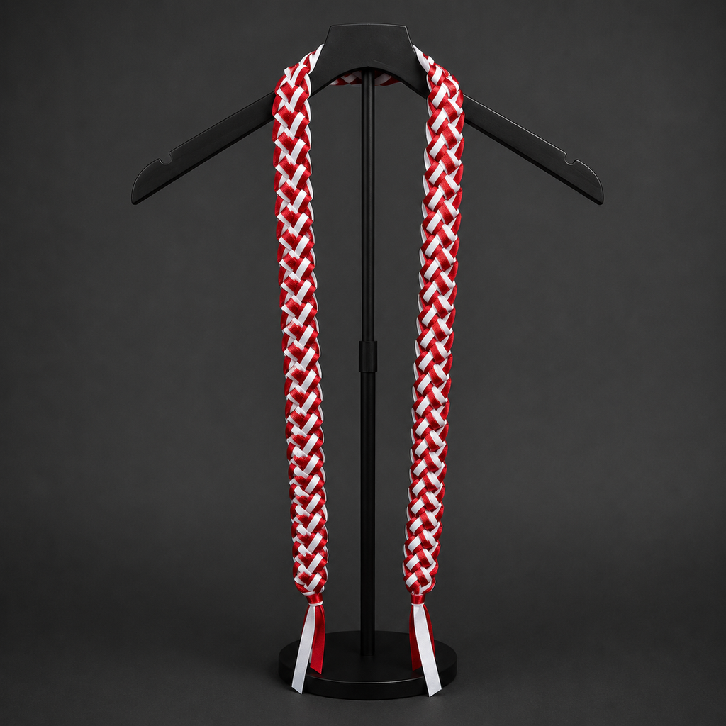 3 strand Red and white personalized Ribbon Lei with glitter on a black stand against a dark background