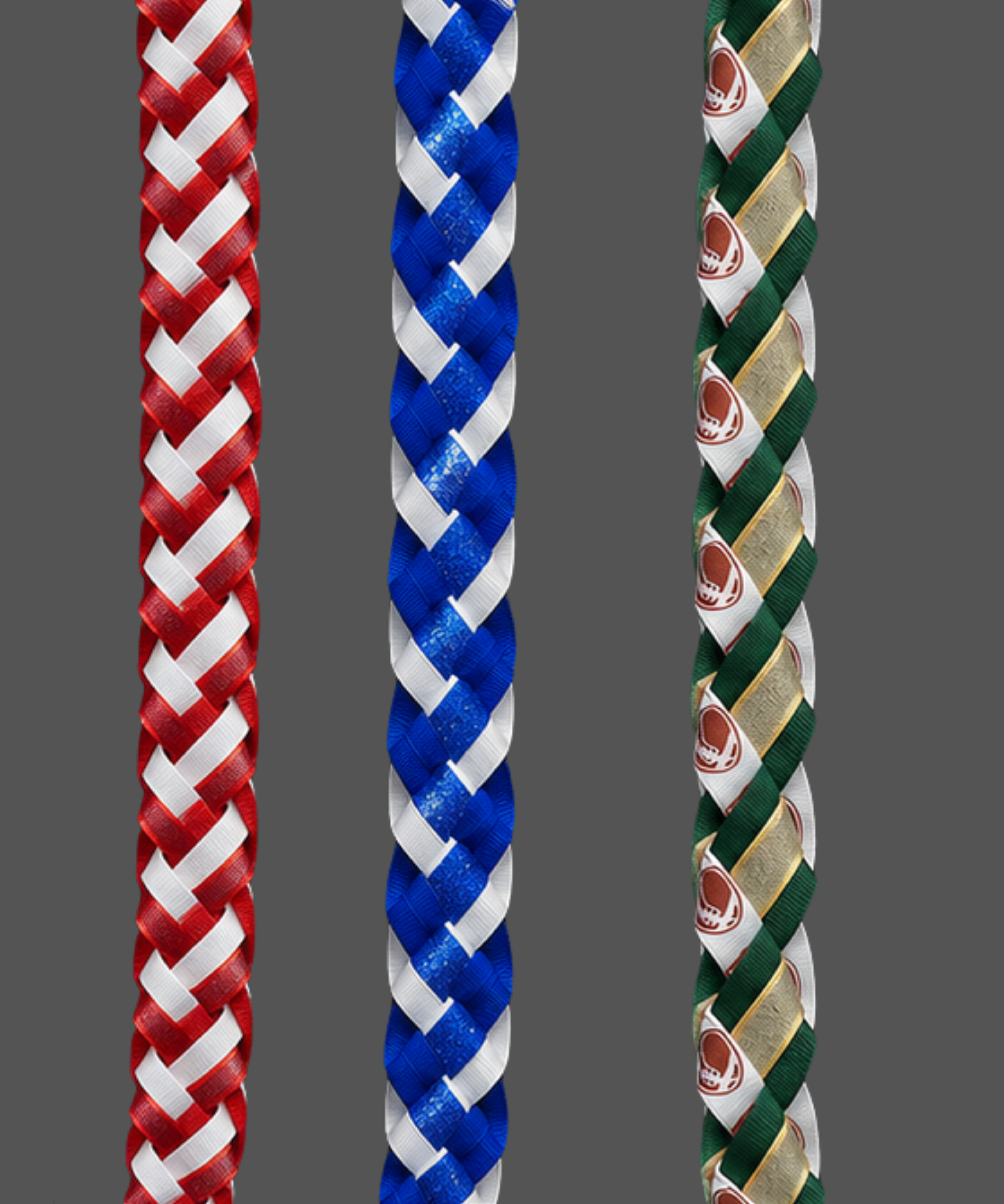 Three triple strand ribbon leis in red, blue, and green with a pattern of interlocking loops on a transparent background.
