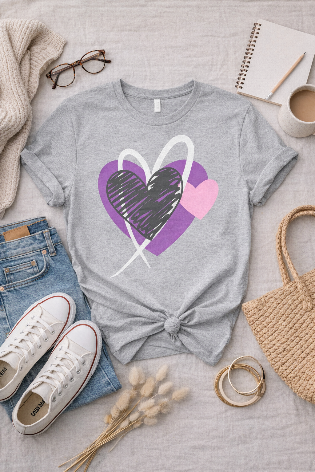 Hand Drawn Purple Hearts Graphic Tee