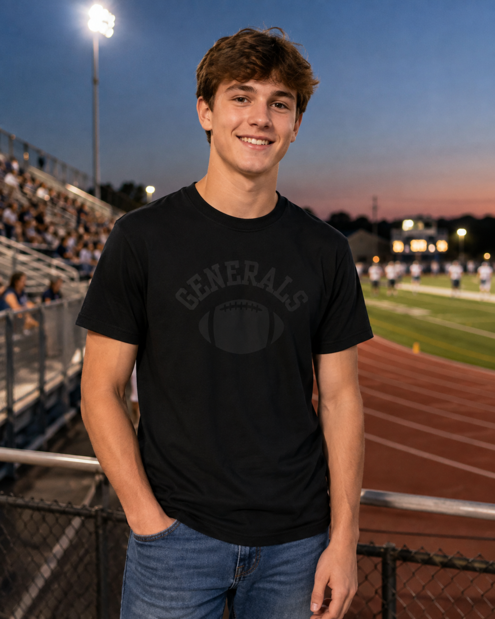 Black on black football T-shirt with collegiate lettering and football graphic