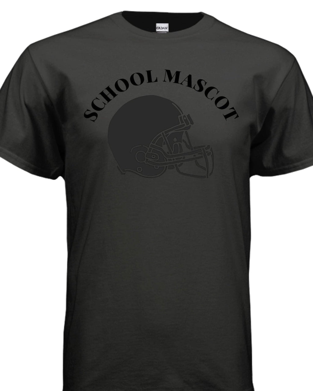 Black on Black football helmet T-shirt with collegiate lettering and football helmet graphic