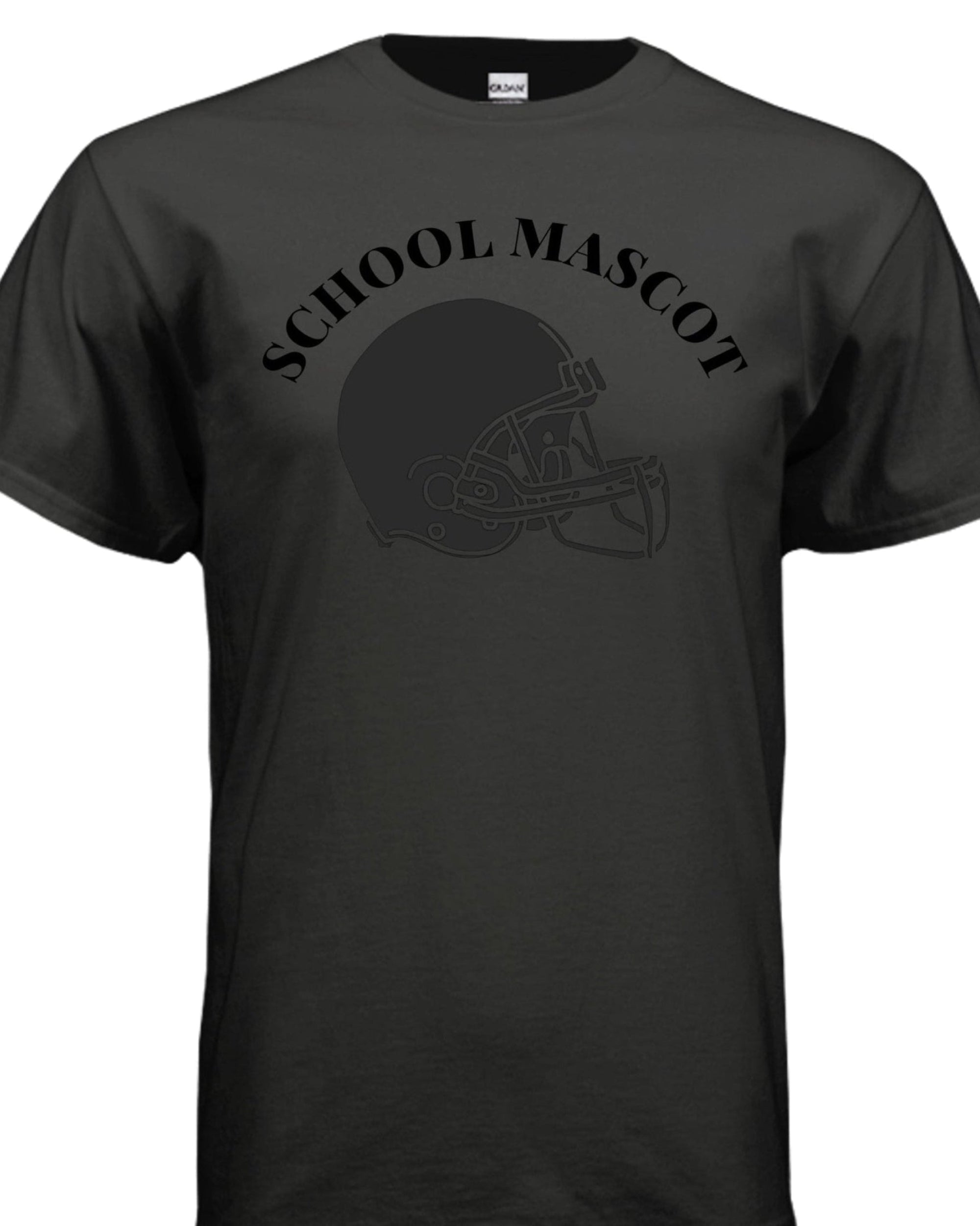 Black on Black football helmet T-shirt with collegiate lettering and football helmet graphic