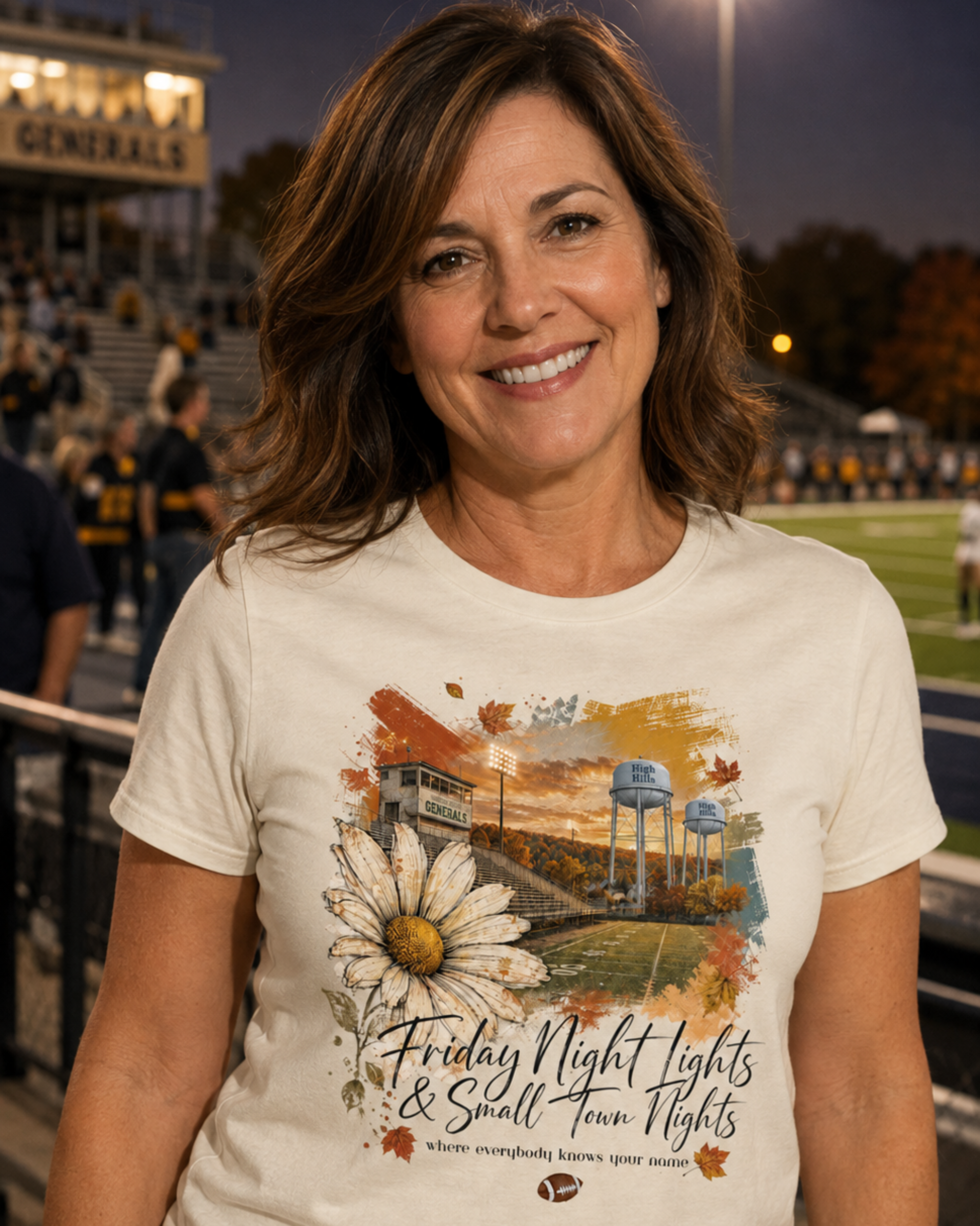 Ivory Thomas Sumter Generals Friday Night Lights T-shirt with football field, water towers, and fall design